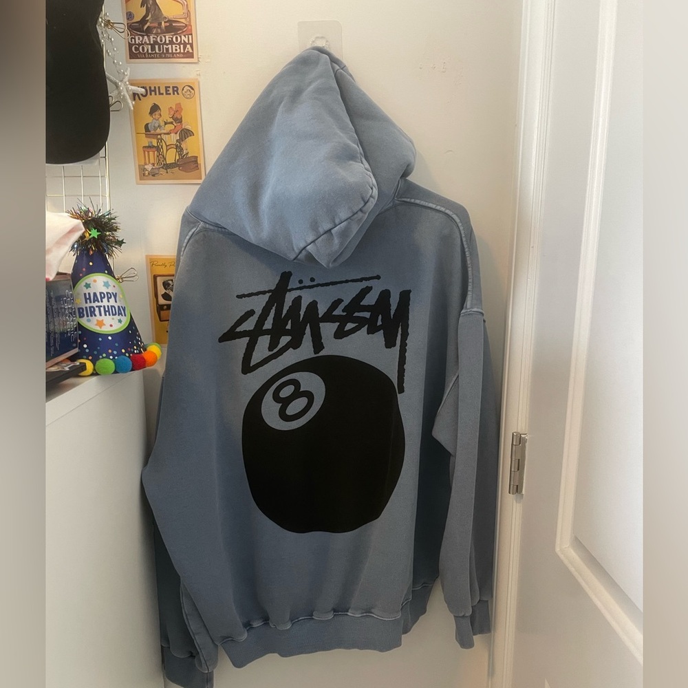 Stussy Blue Hoodie with Black 8 Ball Design